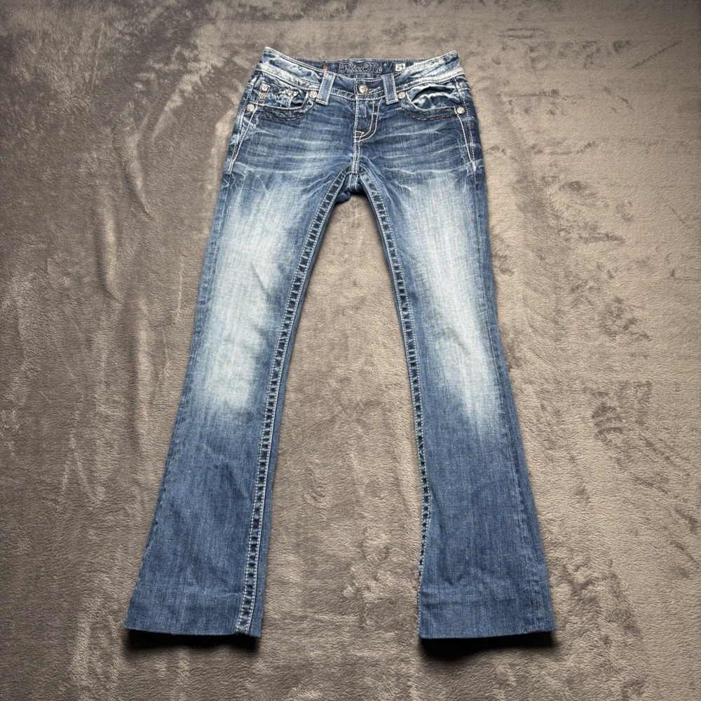 Miss Me Jeans Women 24 Blue Bootcut Wing Rhinestone Embellished Hemmed JE5651B2R